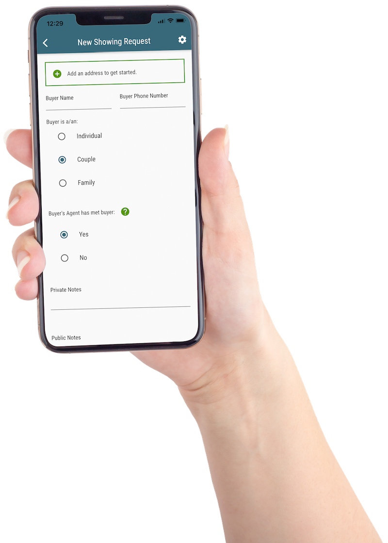 Hand holding a phone, displaying the "schedule a showing" feature on Showami