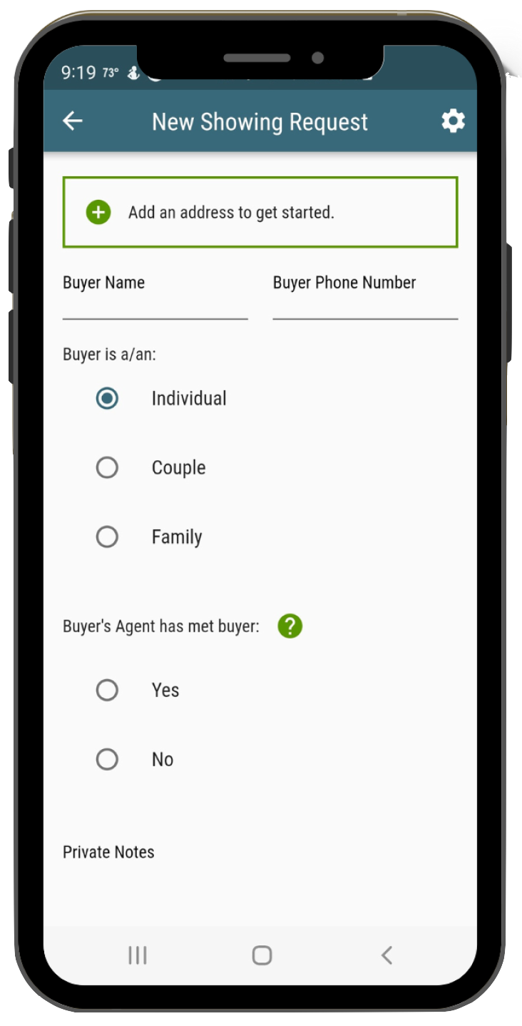 Showami's New Home Showing Request page