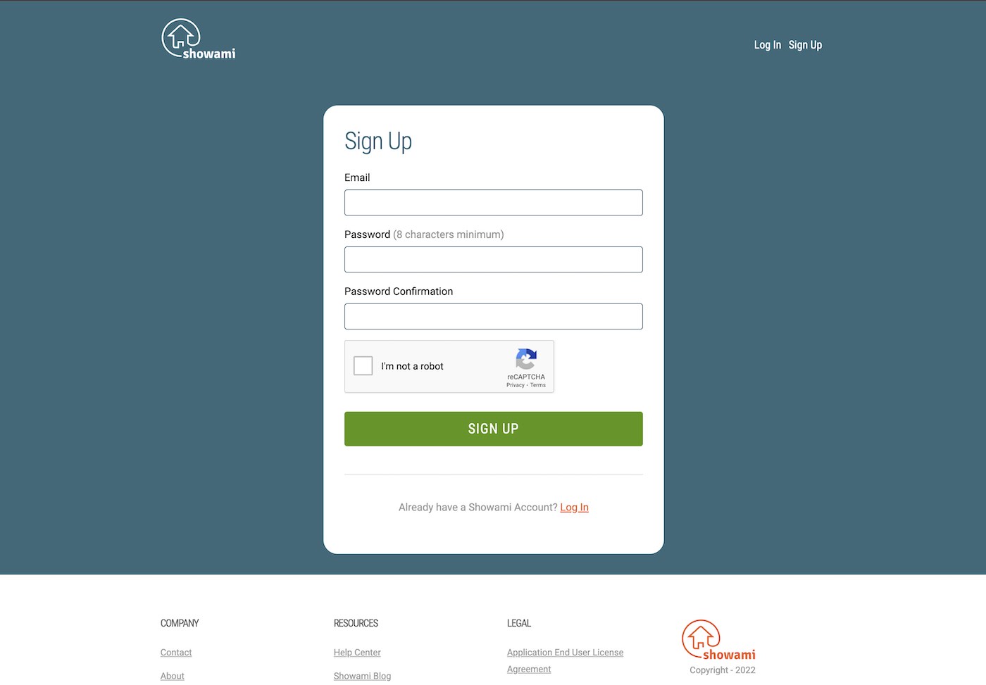 Showami Sign Up Page