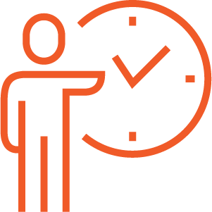 Orange person pointing at a clock