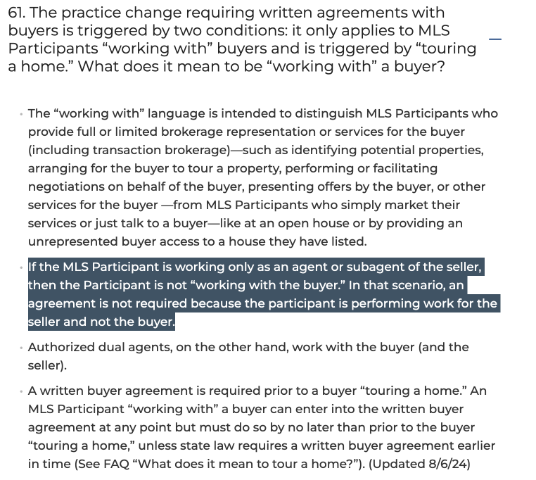 Screenshot of NAR Settlement FAQ page (August, 2024) Working with buyers and touring a home