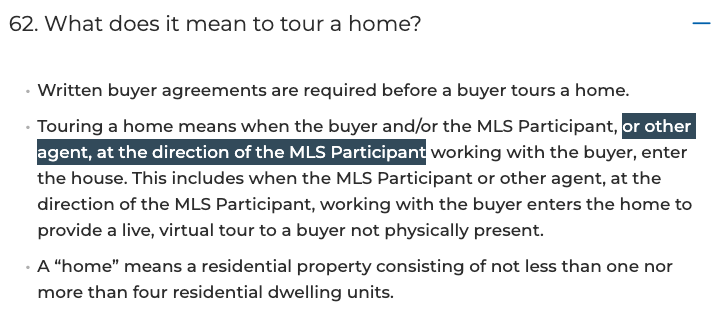 Screenshot of NAR Settlement FAQ page (August, 2024) What does it mean to tour a home NAR Settlement